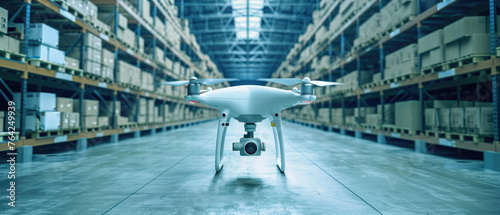 Drone flying inside the warehouse storage with boxes on shelves. Smart industry robots, automated logistics management concept. Innovative technology autonomous mechanical shipment background.