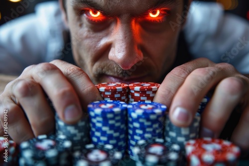 Close-up of an intense man with red glowing eyes holding stacks of poker chips, suggesting gambling or risk