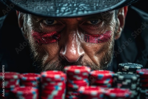 Western-style cowboy in the foreground with poker chips and a blurred abstract background photo