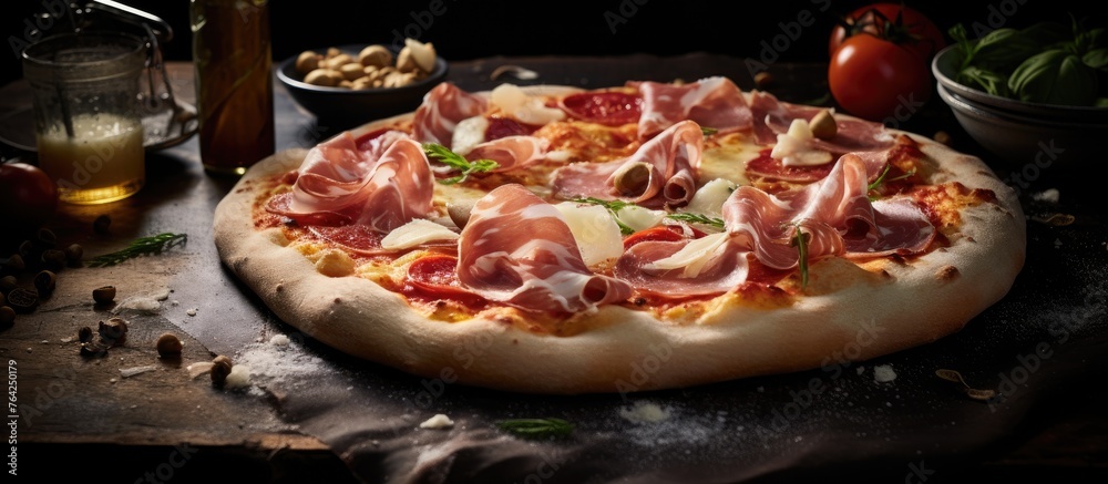 Close-up of a delicious pizza topped with meat and cheese Close-up of a delicious pizza topped with meat and cheese