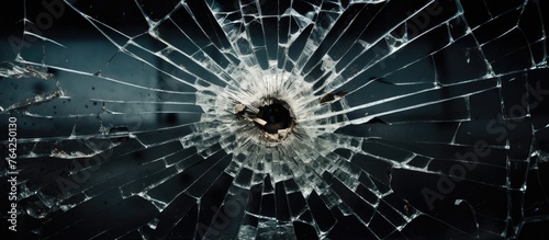 Broken glass window with a bullet hole