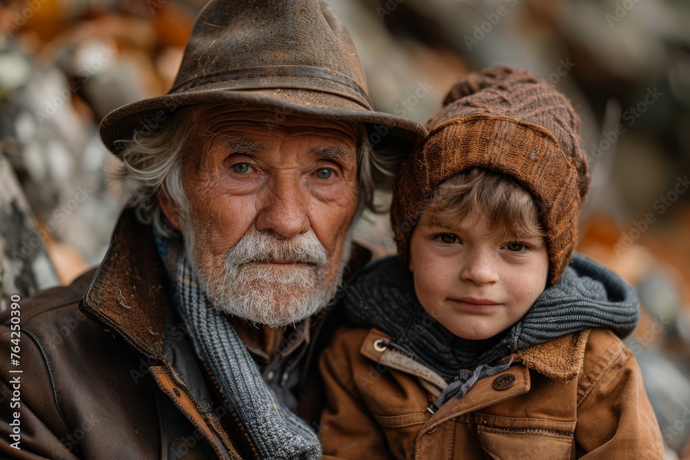 Elderly man wearing a hat and a child in warm clothing posing outdoors
