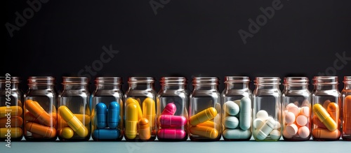 Glass jars filled with colorful pills photo