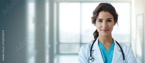 Female doctor in white coat and blue scrub suit