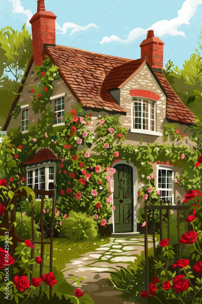 A painting depicting a quaint English cottage covered in ivy and roses, nestled among a colorful array of blooming flowers in a beautiful garden setting