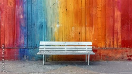 White Bench in Front of Rainbow Wall