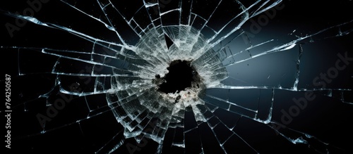 Bullet hole in shattered glass on black surface photo