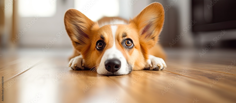 Dog lying on floor staring at camera