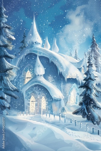 A painting showcasing a snowy winter scene with a church as the central focus. The church is surrounded by snow-covered trees and a serene winter landscape © Vit