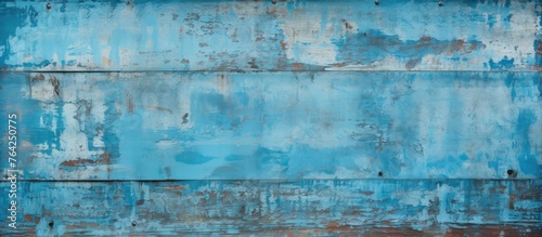 Weathered blue wall with peeling paint and wood