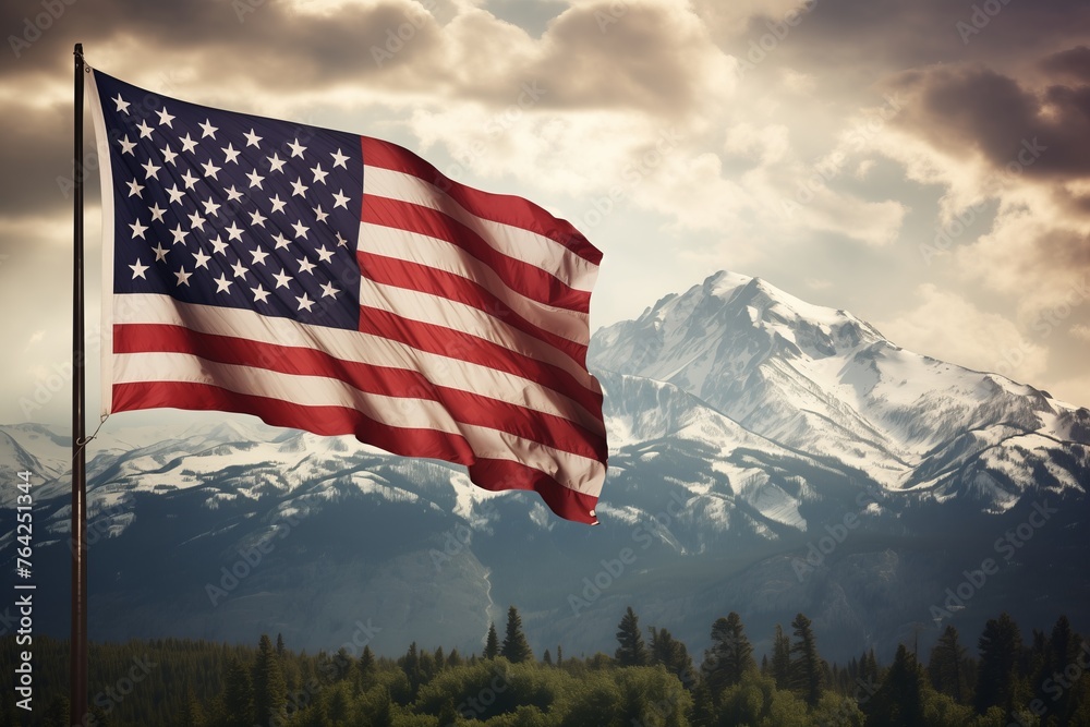 The American flag flutters proudly in front of a majestic mountain range under a clear blue sky. The American flag flutters proudly in front of a majestic mountain range under a clear blue sky.