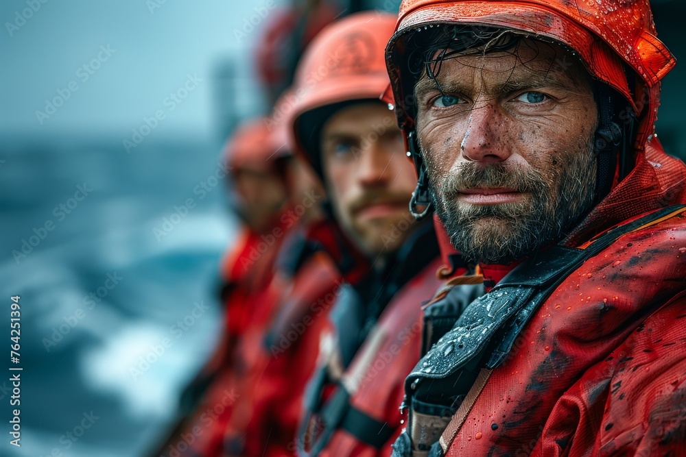 A rugged sailor's face bears the mark of weathering as he stands against challenging sea conditions A rugged sailor's face bears the mark of weathering as he stands against challenging sea conditions