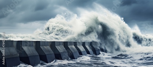 Stormy weather waves crash breakwater tetrapods photo