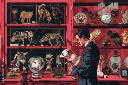 A man is standing in front of a red shelf filled with various taxidermy animals. The shelf showcases a collection of preserved animals, creating a unique display photo