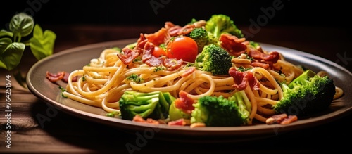 Close-up of pasta with broccoli and tomatoes