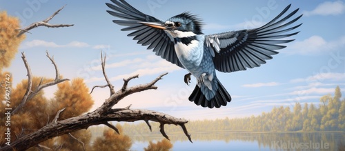 Belted kingfisher bird with wings outstretched on branch