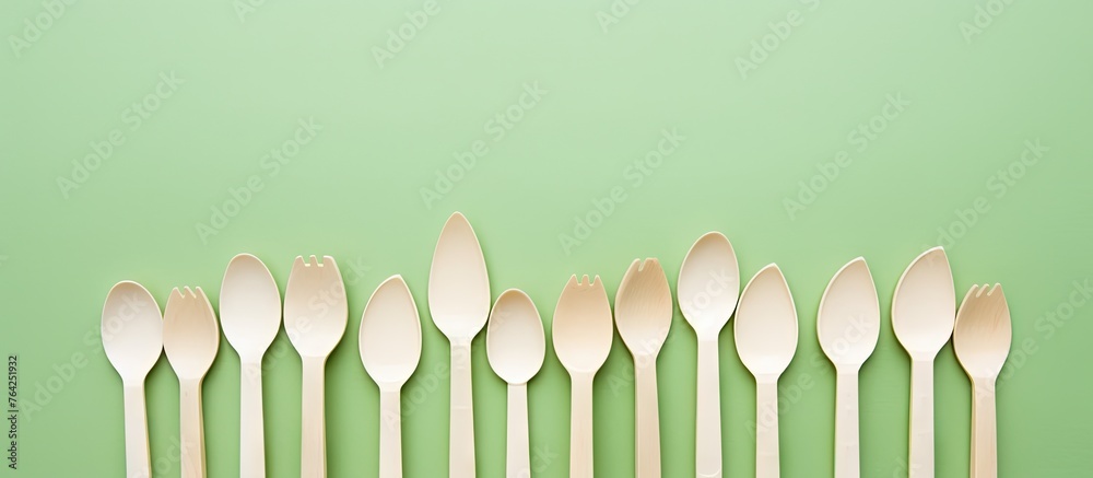 Many forks and spoons arranged on green surface Many forks and spoons arranged on green surface