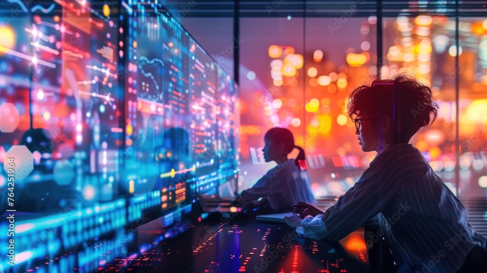 Individuals in a data center work with glowing interfaces against a backdrop of city night lights