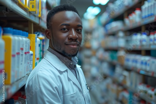 A male pharmacist smiling confidently in front of a well-stocked pharmacy shelf with various products