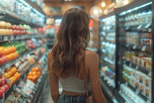 Observing a woman discerningly comparing various grocery products, navigating aisles with focused scrutiny and consideration