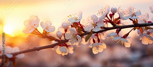Cherry blossoms on branch with sun background