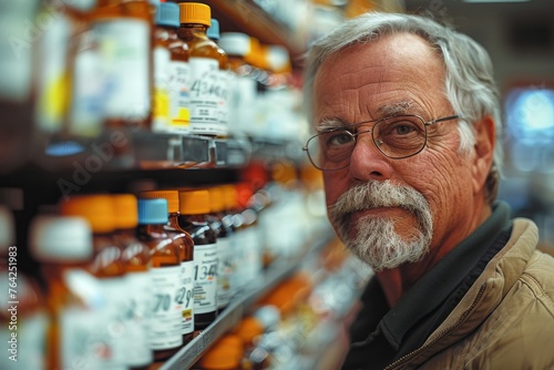 Senior man with eyeglasses looking thoughtfully at camera in pharmacy