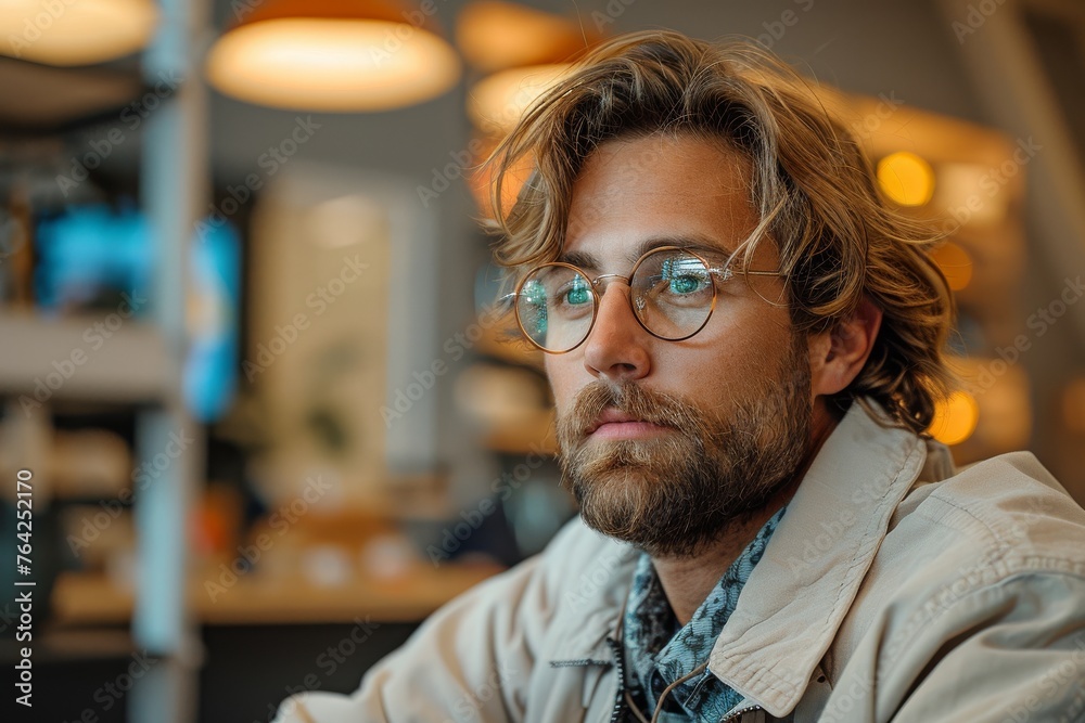 A young man absorbed in thought while sitting in a café A young man absorbed in thought while sitting in a café