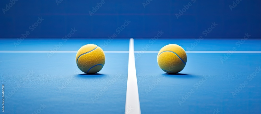 Two tennis balls on a blue court with a line