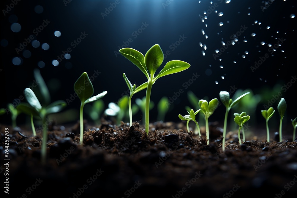 Several plants are emerging from the soil, displaying the start of their growth cycle.