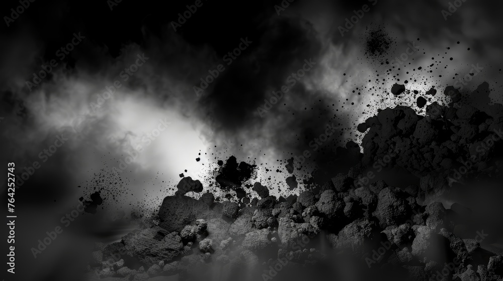 Explosion of black particles on dark background. Dynamic freeze motion of dust particles. Abstract destruction concept with copy space - obrazy, fototapety, plakaty 