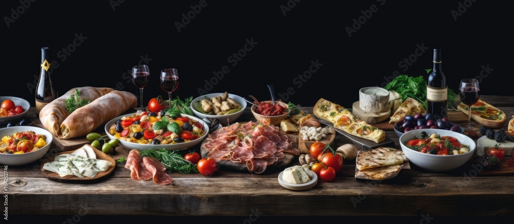 A table filled with various dishes and wine