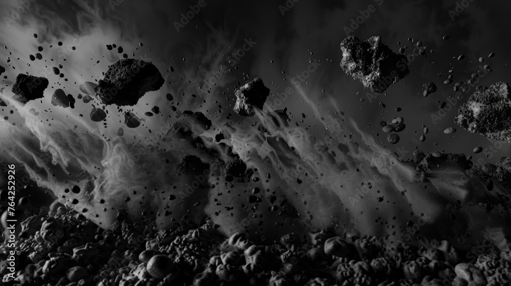 Black particles flying over a dark background. Monochrome image depicting motion and chaos concept with copy space