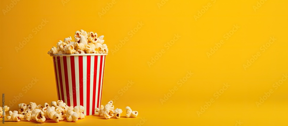 Popcorn in a striped paper cup on a yellow background