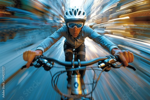 High-speed blur of a cyclist commuting in an urban environment, depicting motion and city life