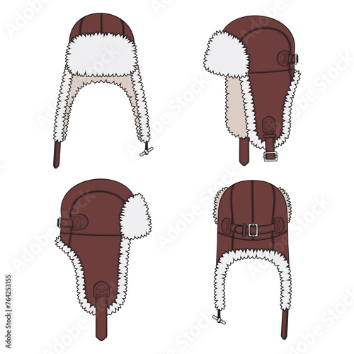 Set of color illustrations with flying cap with earflaps. Isolated vector objects on white background.