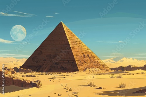A painting depicting an ancient Egyptian pyramid standing tall in the desert landscape  under a clear sky