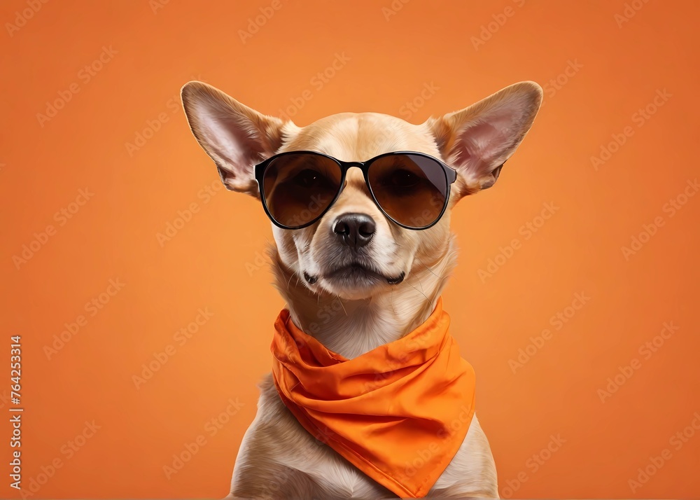 dog wearing glasses with orange background