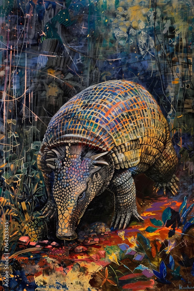Fototapeta premium A painting depicting a curious armadillo scouring the forest floor for insects, blending into the lush greenery of the woodland setting