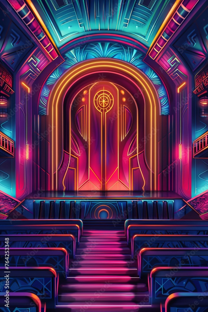 Obraz premium An Art Deco theater with geometric patterns and neon lights
