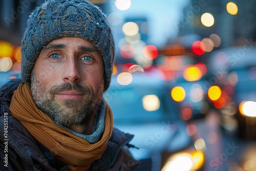 Portrait of a man with blue eyes and a winter hat against a backdrop of city lights and bokeh effect