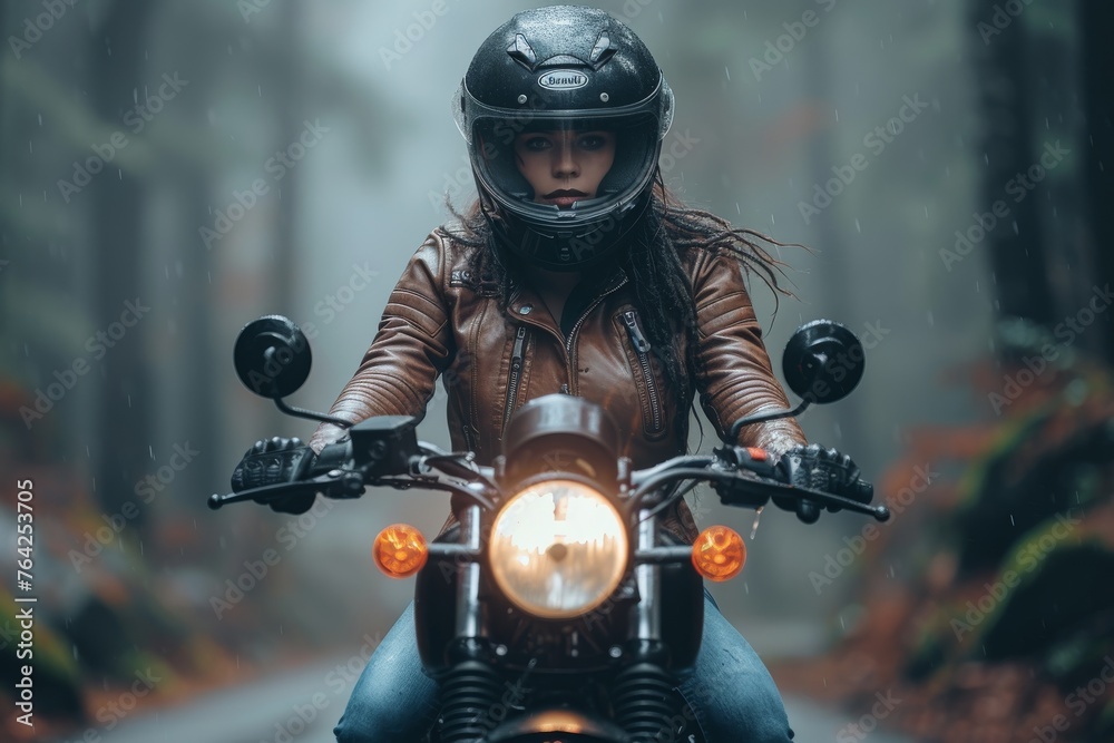 Mysterious woman on a motorcycle with headlight on in a foggy and rainy forest setting