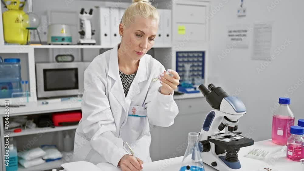 Intriguing glimpse into the world of science, beautiful young blonde scientist meticulously noting experiment observations while gazing at a test tube in a medically advanced laboratory. Intriguing glimpse into the world of science, beautiful young blonde scientist meticulously noting experiment observations while gazing at a test tube in a medically advanced laboratory.