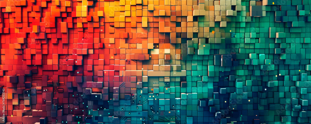 Various multicolored squares arranged in an abstract pattern create a vibrant and eye-catching background. Gaming digital. Virtual Reality. Banner. Copy space Various multicolored squares arranged in an abstract pattern create a vibrant and eye-catching background. Gaming digital. Virtual Reality. Banner. Copy space