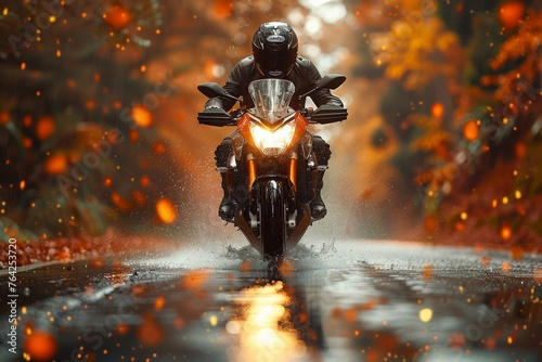 Intense image of a motorcyclist riding through a heavy rain, with vivid water splashes and reflections © svastix