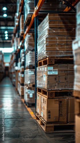 Warehouse with cardboard boxes on shelves background. Logistic commercial storage interior retail goods supply. Storehouse for packages distribution  industrial merchandise  sorting and delivery.
