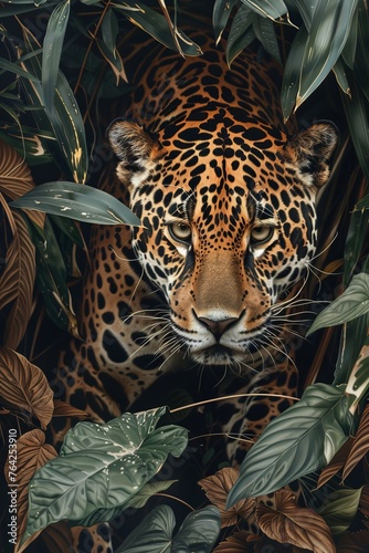 An elusive jaguar prowling through dense foliage