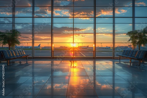 An airport lounge is bathed in the warm  golden light of sunset  showcasing travel readiness and luxury