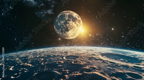 Full moon viewed from lunar surface with Earthrise and stars. Space exploration and astronomy concept for poster, banner, wallpaper.