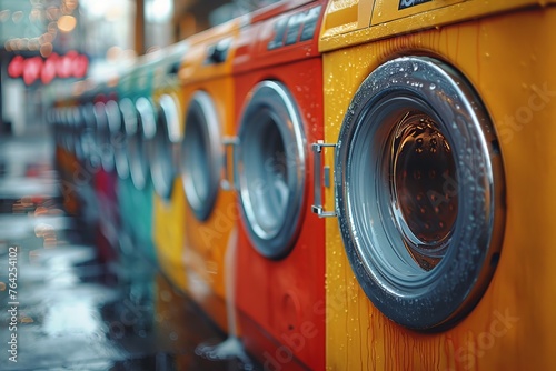 A row of vibrant, orange and yellow washing machines in a busy urban laundromat photo