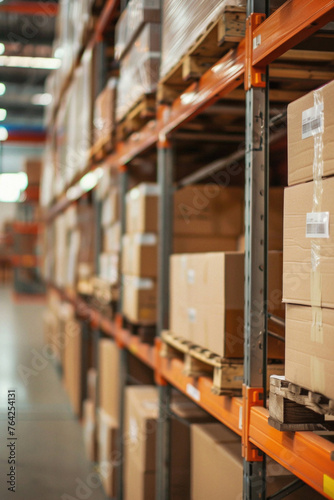 Warehouse with cardboard boxes on shelves background. Logistic commercial storage interior retail goods supply. Storehouse for packages distribution, industrial merchandise, sorting and delivery.